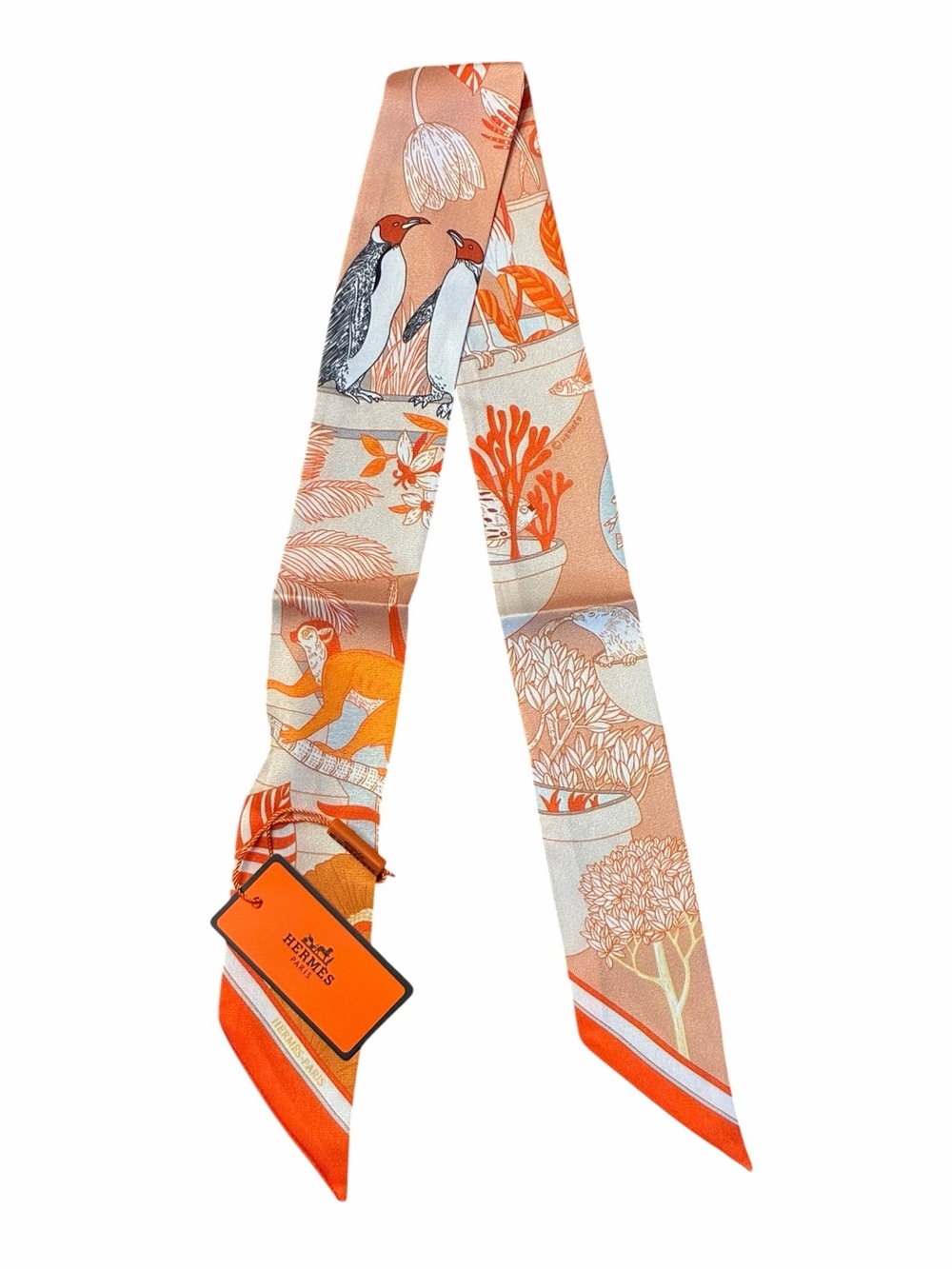 Precious Paradise Twilly Scarf Orange Multi Birds Monkey Floral 100% Silk